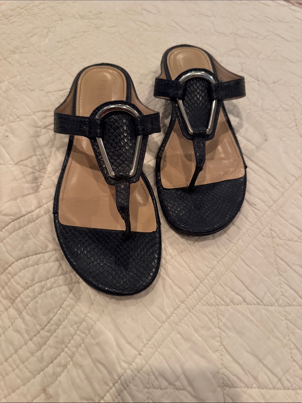 The Limited Navy Blue Textured Thong Sandals with Silver Accent